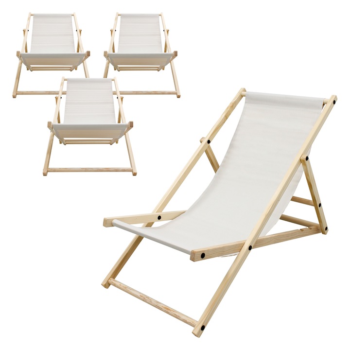 Set 4x sezlonguri pliabile ECD Germany din lemn, 117 x 52 x 83 cm, bej, 3 pozitii reglabile, capacitate 120 kg, scaune plaja, mobilier terasa si gradina, tesatura Oxford
