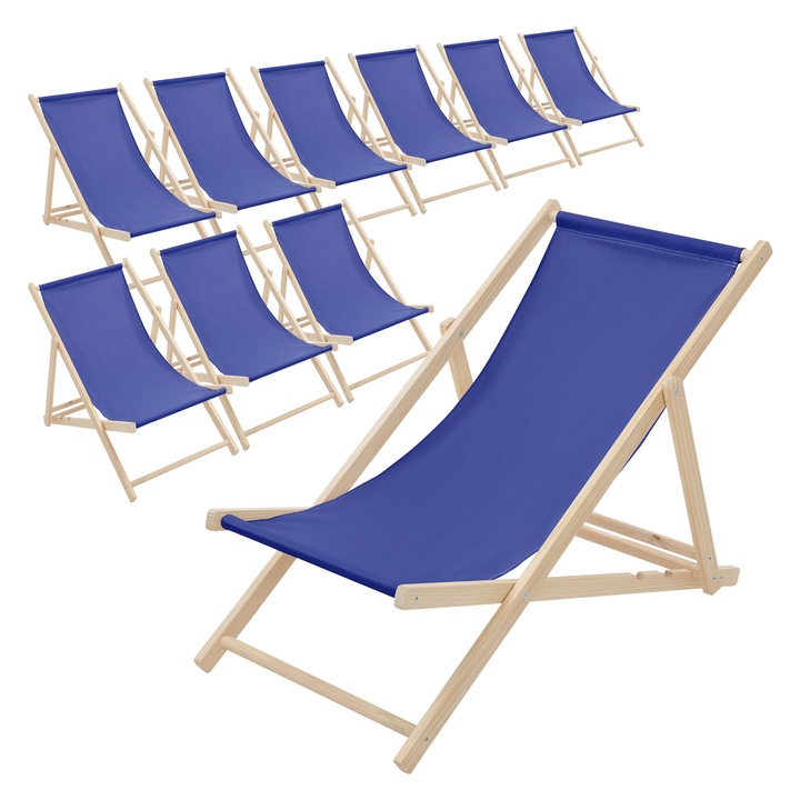 Set 10x Scaun pliabil de plaja ECD Germany structura din lem si tesatura albastru inchis, spatar reglabil in 3 pozitii, sezlong de relaxare pentru gradina, piscina, balcon sau terasa, capacitate de 120 kg