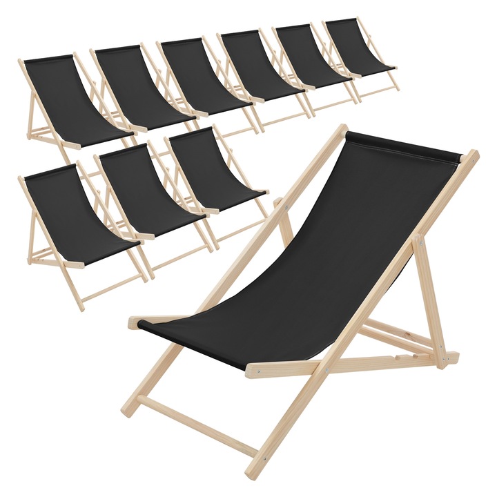 Set 10x Scaun pliabil de plaja ECD Germany structura din lem si tesatura neagra, spatar reglabil in 3 pozitii, sezlong de relaxare pentru gradina, piscina, balcon sau terasa, capacitate de 120 kg