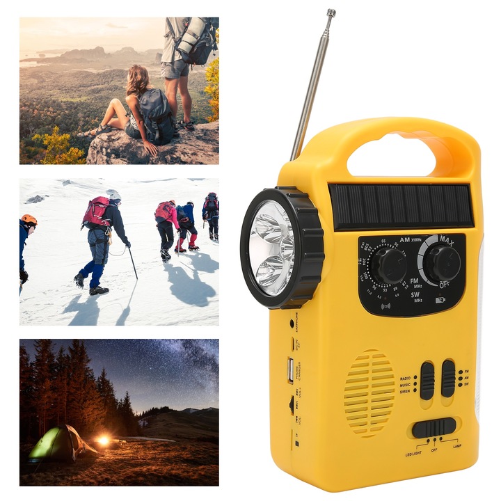 Jormftte napelemes rádió kurblival, AM/FM/SW, LED zseblámpa, 20.5x14x7cm, sárga