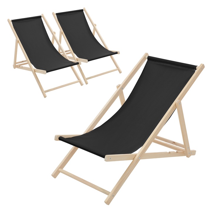 Set 3x Scaun pliabil de plaja ECD Germany structura din lem si tesatura neagra, spatar reglabil in 3 pozitii, sezlong de relaxare pentru gradina, piscina, balcon sau terasa, capacitate de 120 kg