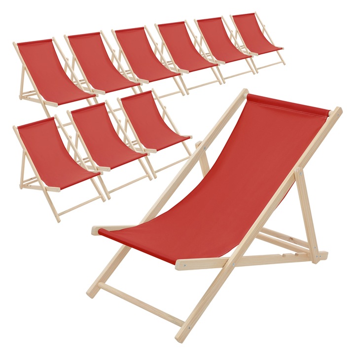 Set 10x Scaun pliabil de plaja ECD Germany structura din lem si tesatura rosu, spatar reglabil in 3 pozitii, sezlong de relaxare pentru gradina, piscina, balcon sau terasa, capacitate de 120 kg