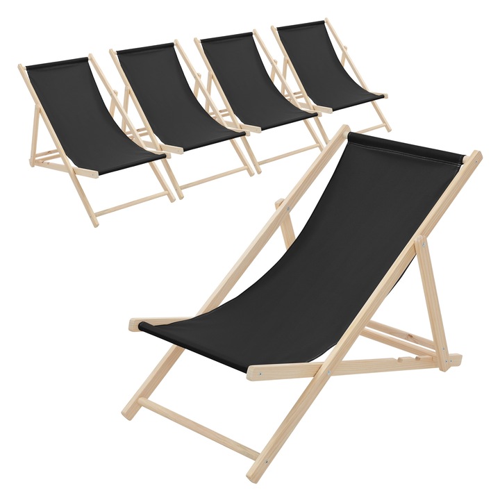 Set 5x Scaun pliabil de plaja ECD Germany structura din lem si tesatura neagra, spatar reglabil in 3 pozitii, sezlong de relaxare pentru gradina, piscina, balcon sau terasa, capacitate de 120 kg