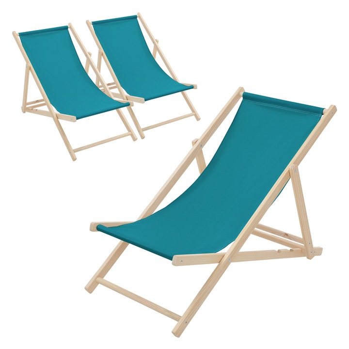 Set 3x Scaun pliabil de plaja ECD Germany structura din lem si tesatura albastru petrol, spatar reglabil in 3 pozitii, sezlong de relaxare pentru gradina, piscina, balcon sau terasa, capacitate de 120 kg