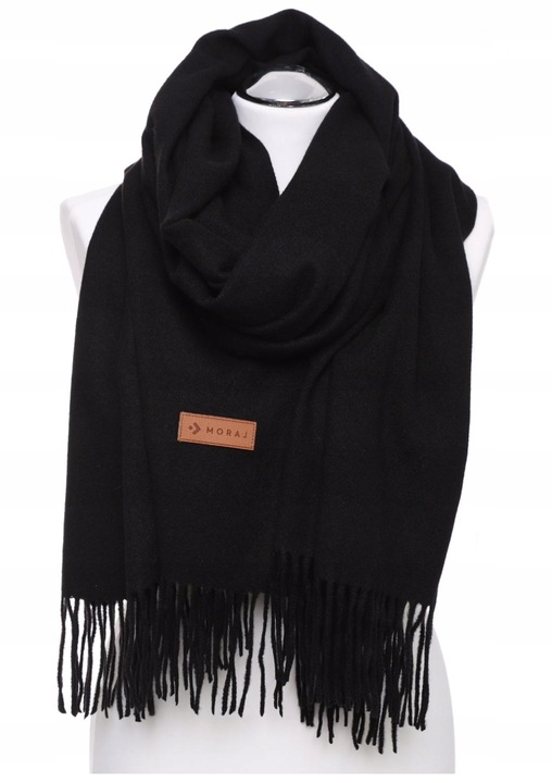 Női sál, Moraj, Poliészter, 70 x 180 cm, Elegáns, Hűvös napokra, Rojtos kivitel, Fekete