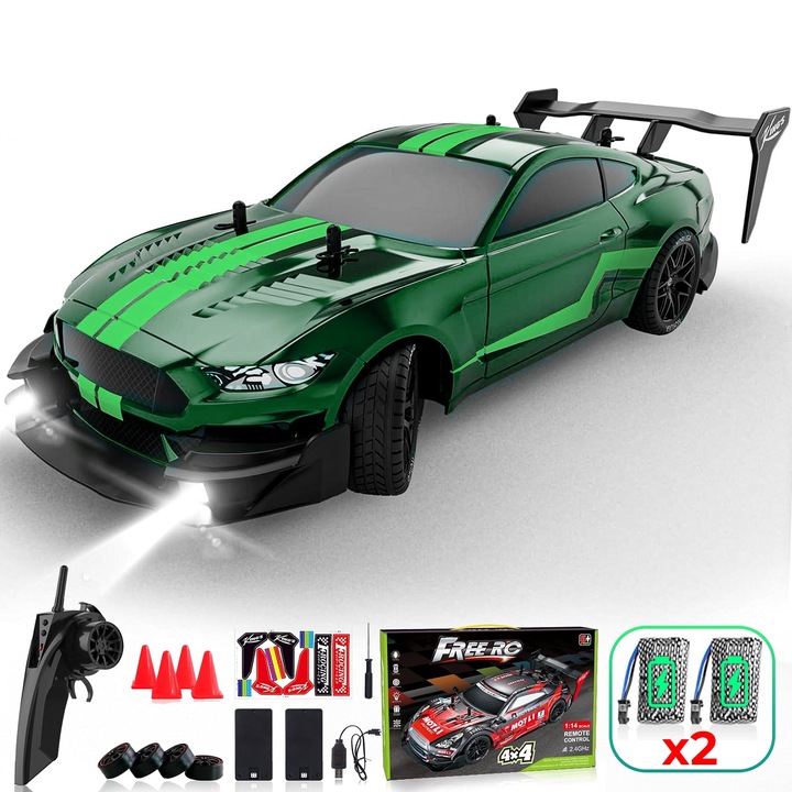 RC кола с дистанционно управление, Timebox, Дрифт кола, 30км/ч, 4x4, LED светлини, сменяеми гуми, 2 акумулаторни батерии в комплекта, детска играчка, 1:16, Зелен