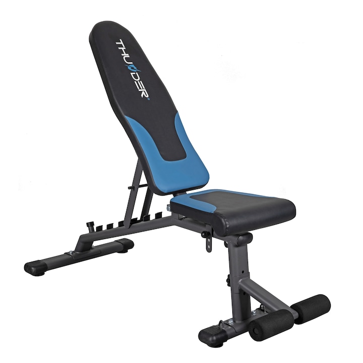 Banca de exercitii Thunder Quick, oblic, spatar reglabil si scaun, antrenamentul burta, pliabila, maxima suportata 120 kg, Negru/Albastru