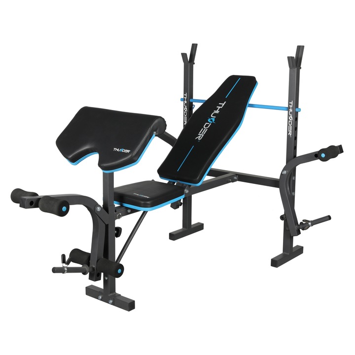 Banca de exercitii multifunctionala Thunder Vigor-A, antrenamentul bratelor si picioarelor, cadru metalic, inclinare reglabila, maxima suportata 120 kg, Negru/Albastru