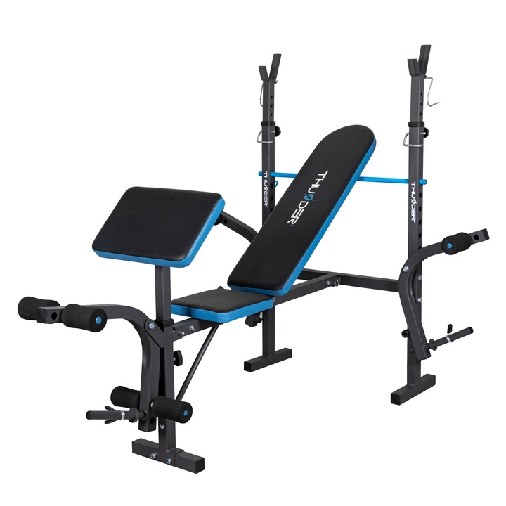 Banca de exercitii multifunctionala Thunder Vigor-B, antrenamentul bratelor si picioarelor, cadru metalic, inclinare reglabila, maxima suportata 120 kg, Negru/Albastru