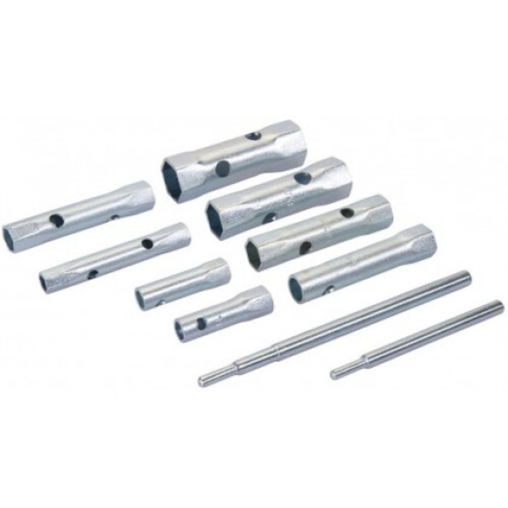 Set 8 chei tubulare/2 butoane pentru chei, Silverline, 8-22 mm, rezistente la coroziune, finisaj mat