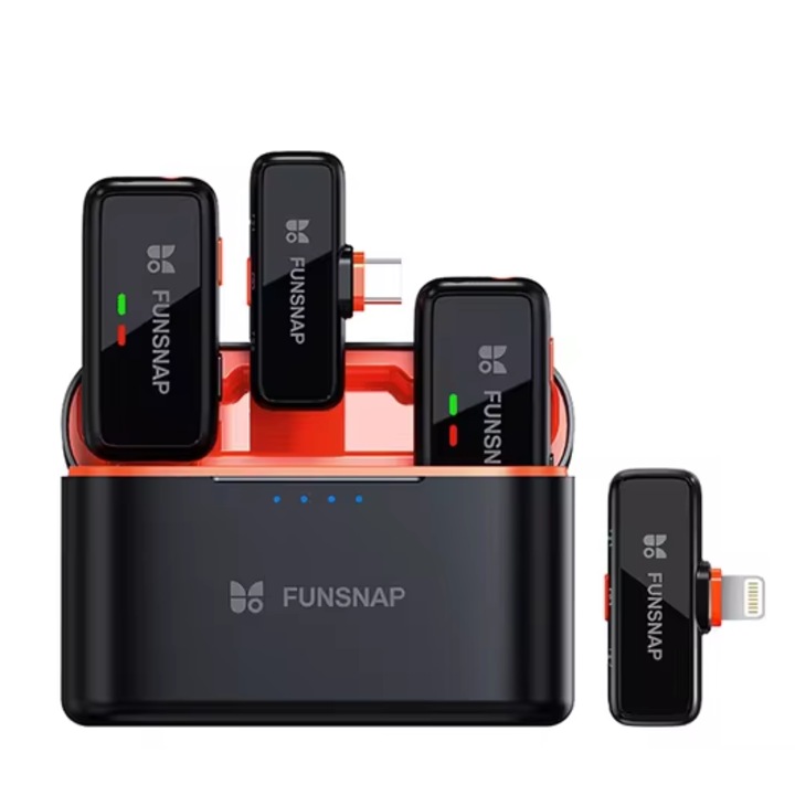Microfon lavaliera wireless Funsnap S6 Universal, Negru, Sunet 360 °, Reducere zgomot, Compatibilitate: iPhone, iPad, Android, DSLR, PC