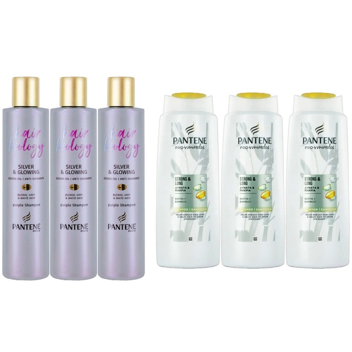 Set Igiena Pantene 6 x Componente, 3 x Sampon Nuantator 250ml Biology Purple, 3 x Sampon 600ml Miracles Strong Long, testat dermatologic, prospetime de lunga durata, delicat pentru scalp, non-toxic, eco-friendly, aspect stralucitor