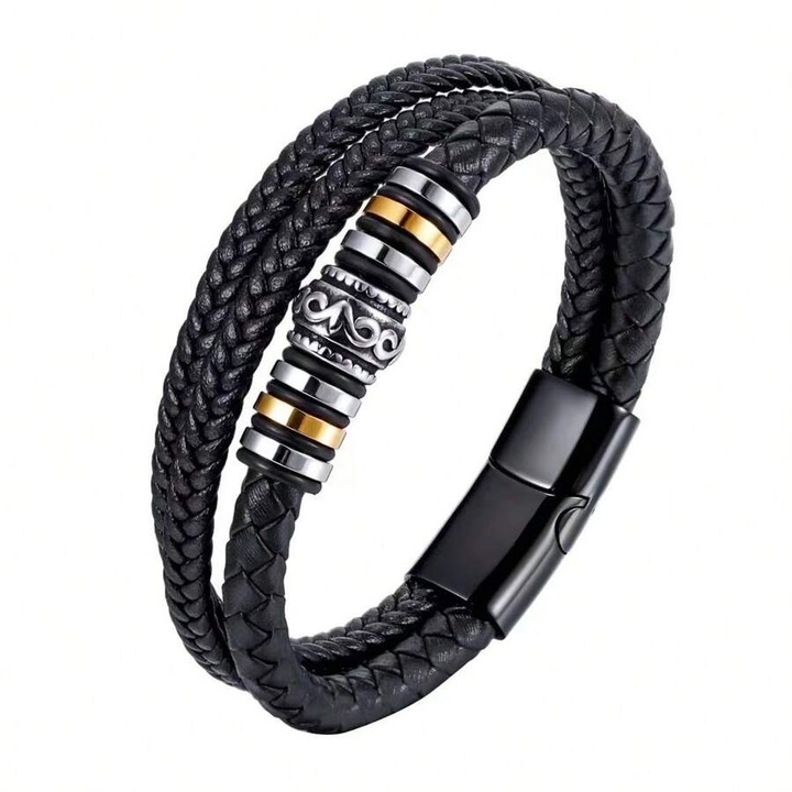 Bratara barbateasca, Piele nabuc, 3 siraguri, cu 7 inele metalice, Negru si Argintiu-Auriu, fixa, 17-18.5cm