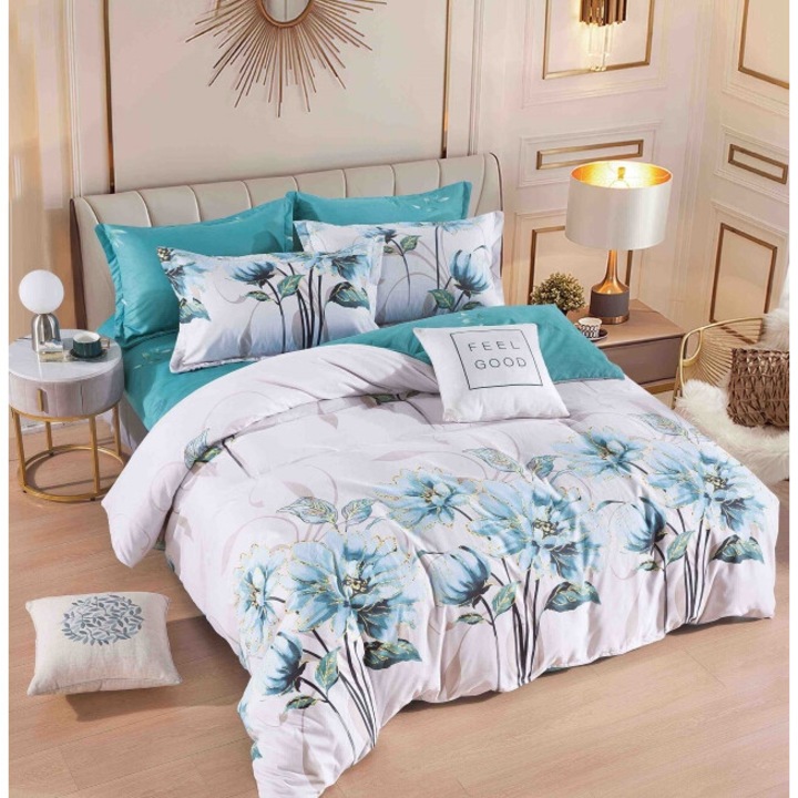 Двойно спално бельо, Jojo Home, Тюркоазени цветя, 6 части, 2 лица, 180x200 см, Finet Superior, Многоцветен