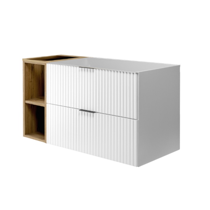 Fürdőszoba szekrény, RODAN, Szekrény és könyvespolc, Flow, Függesztett, 46x100x57cm, Hornyolt előlapok, Soft Close, MDF, 2 fiókos, Golden craft tölgy, Fehér