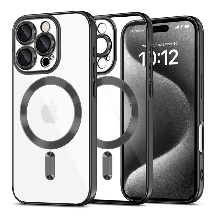 Защитен калъф GemstoneClear MagSafe за Apple iPhone 16 Pro, ОПТИМАЛНО РЕШЕНИЕ, силен магнит, бързо зареждане, AntiShock, ProCore Tech, ултрабезопасна камера, прецизни изрези, дизайн с метални детайли, черно/прозрачно