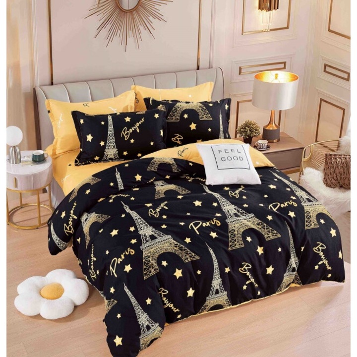 Двойно спално бельо с ластик, Jojo Home, щампа Айфелова кула, 6 части, 2 лица, 180x200см, Finet Superior, черно-жълто