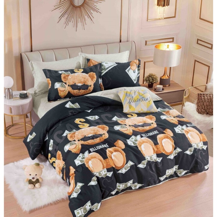 Двойно спално бельо с ластик, Jojo Home, щампа Ursulet, 6 части, 2 лица, 180x200см, Finet Superior, черно-бежово