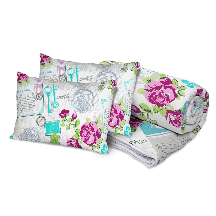 Set Rose Alcam, 2 perne microfibra 50x70 cm si pilota matlasata 200x220 cm