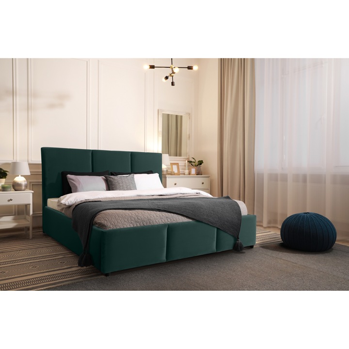 Pat tapitat, Bedora, Houston, 160x200 cm, somiera rabatabila, spatiu depozitare, verde inchis