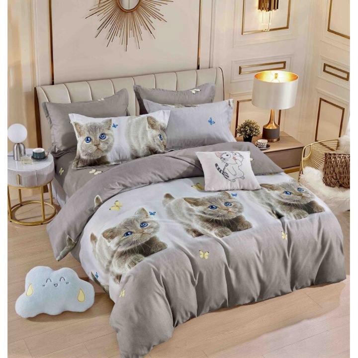 Lenjerie de pat dublu cu elastic, Jojo Home, Imprimeu Pisicute, 6 piese, 2 persoane, 180x200cm, Finet Superior, Gri