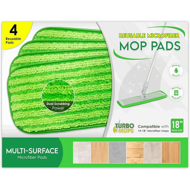 Set 4 Lavete de rezerva universale pentru mop, Microfibra, Lavabile la masina, Potrivite pentru toate tipurile de pardoseli, 47x13 cm, verde, TurboMOPS, GP2L