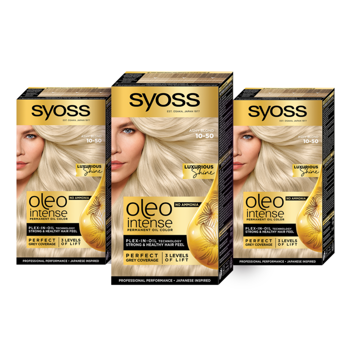 Комплект: 3 x Перманентни бои за коса без амоняк Syoss Color Oleo Intense, 10-50 Ash Blonde, 115 мл