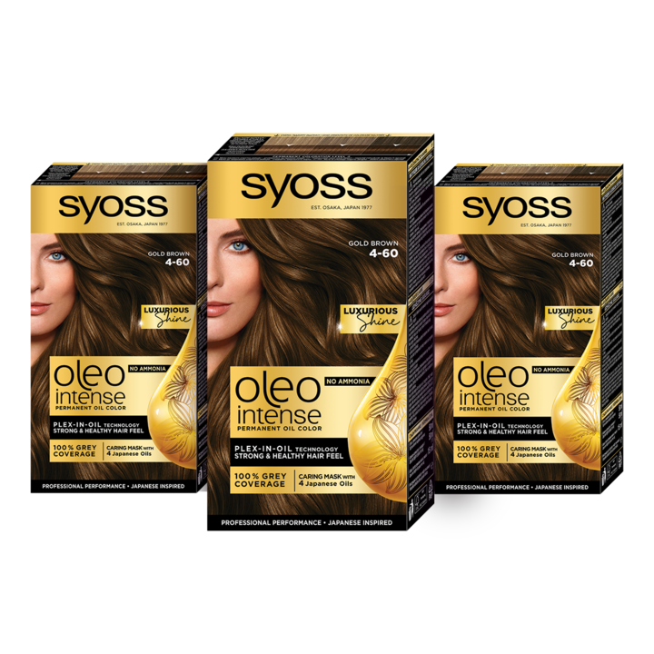 Pachet: 3 x Vopsea de par permanenta fara amoniac Syoss Color Oleo Intense, 4-60 Saten auriu, 115 ml