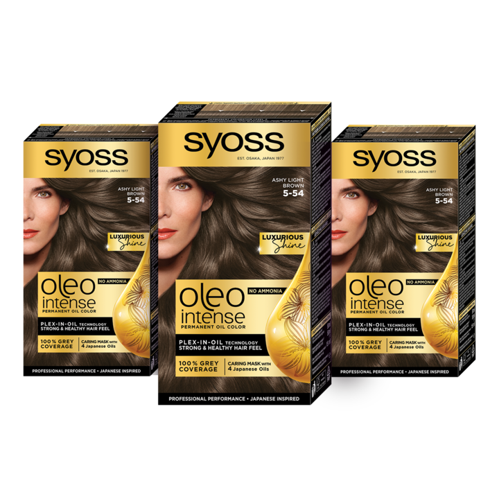 Pachet: 3 x Vopsea de par permanenta fara amoniac Syoss Color Oleo Intense, 5-54 Saten deschis cenusiu, 115 ml