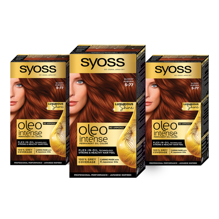 Pachet: 3 x Vopsea de par permanenta fara amoniac Syoss Color Oleo Intense, 5-77 Saten roscat stralucitor, 115 ml