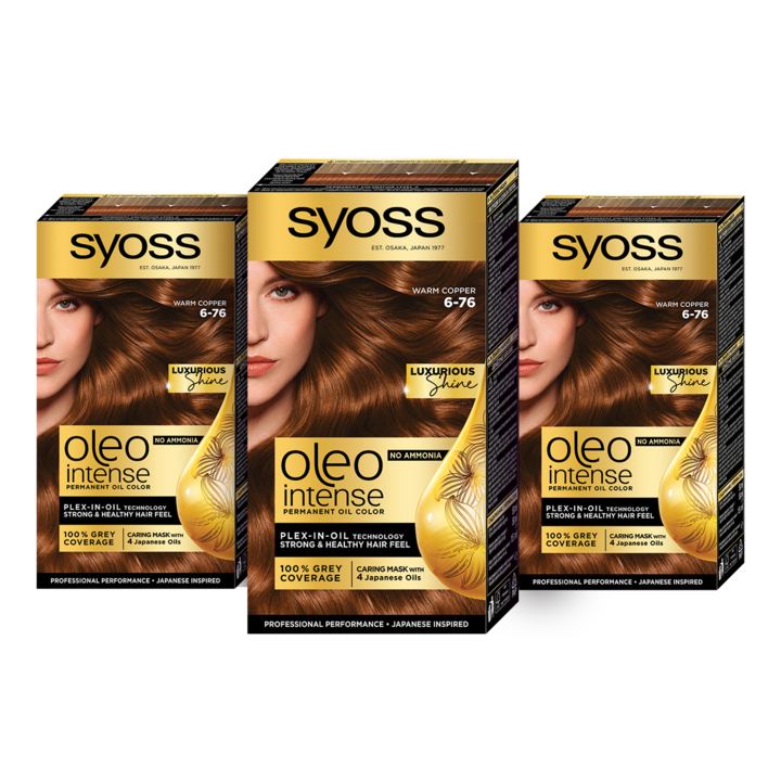 Pachet: 3 x Vopsea de par permanenta fara amoniac Syoss Color Oleo Intense, 6-76 Aramiu cald, 115 ml