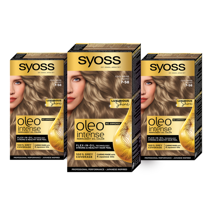 Pachet: 3 x Vopsea de par permanenta fara amoniac Syoss Color Oleo Intense, 7-58 Blond bej rece, 115 ml