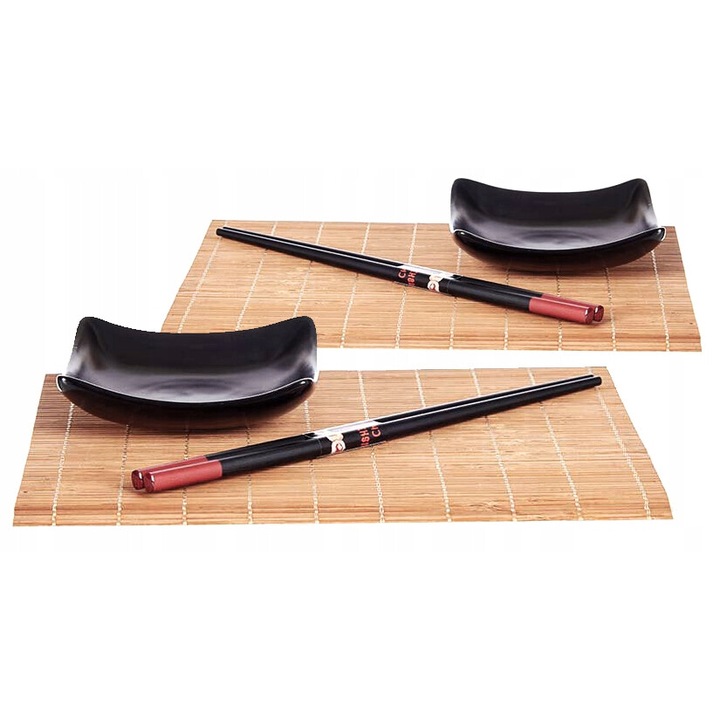 Set complet de preparat si servit sushi, din Bambus/Ceramica, ecologic, betisoare, boluri si tavi, pentru doua persoane, Arte