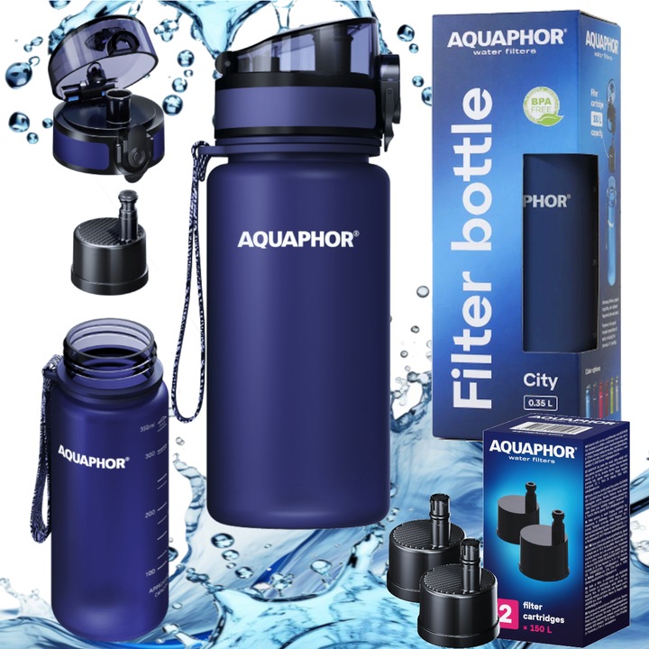 Sticla cu filtru Aquaphor City 0.35l, set de 1 filtru in sticla +2 filtre, albastru inchis, Tritan