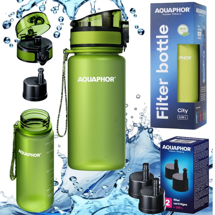 Sticla cu filtru Aquaphor City 0.35l, set de 1 filtru in sticla +2 filtre, verde lime, Tritan