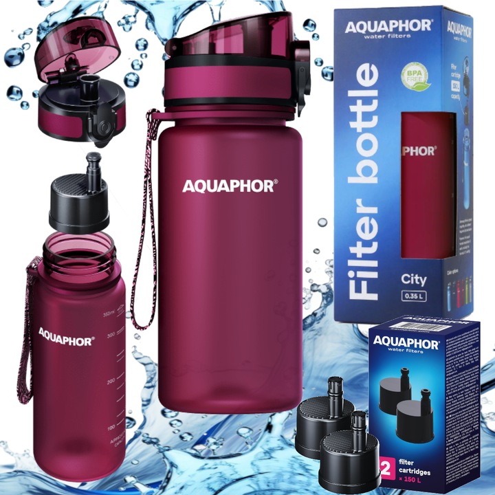 Sticla cu filtru Aquaphor City 0.35l, set de 1 filtru in sticla +2 filtre, roz inchis, Tritan