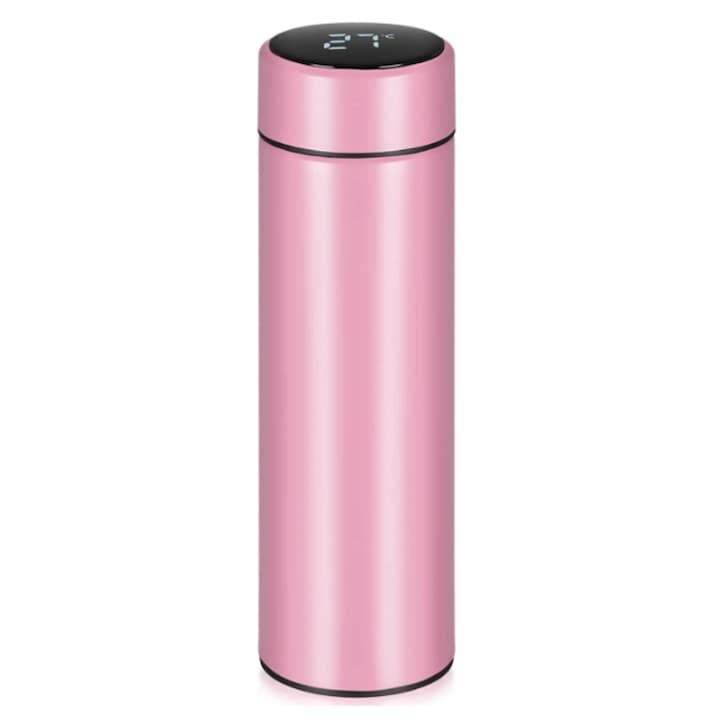 Intelligens termosz LED hőmérséklet kijelzővel, EMATTERIO, Rozsdamentes acél, Intelligens, Mérete 22,5 x 6,5 cm, Melegen vagy hidegen tartja az italokat, 500 ml, Rózsaszín