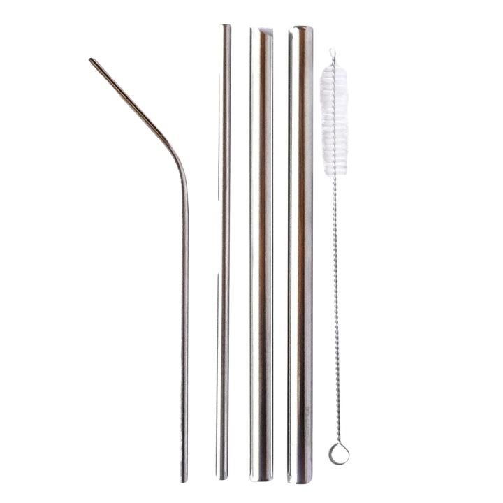 Комплект от 4 сламки за пиене с четка за почистване FRANKLY, неръждаема стомана, сребро