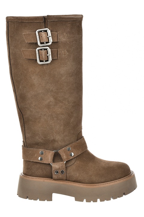 Big Star, Cizme lungi din piele intoarsa cu toc masiv, Maro taupe