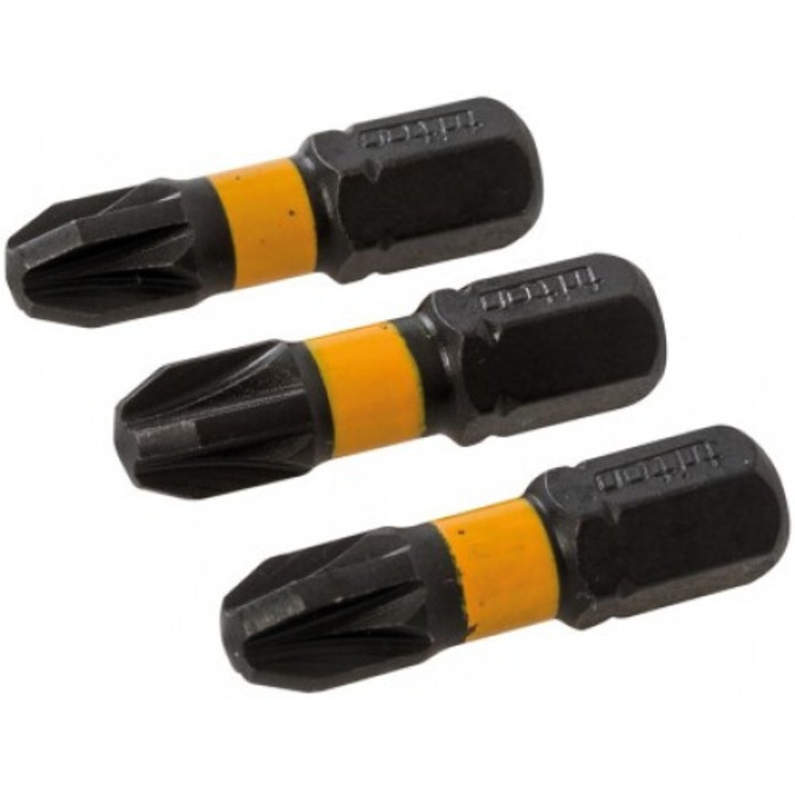 Set 3 biti de impact Pozidrive Silverline, 25mm, PZ3, otel, rezistenta ridicata, negru/portocaliu