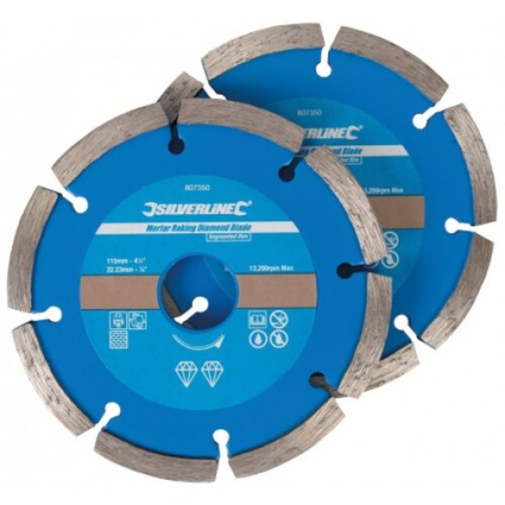 Disc diamentata pentru taierea spoinelor, Silverline, set 2 bucati, 115x22,23mm, 7,6mm inaltime segment, 6,9mm latime segment