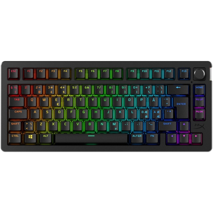 Безжична клавиатура Gaming HyperX Alloy Rise 75, Механична, Switch HX Red – Linear, Двоен режим 2,4 GHz и Bluetooth, Hot-Swappable, 75% формат, до 80 часа автономност със задно осветяване, Компютър/Конзола