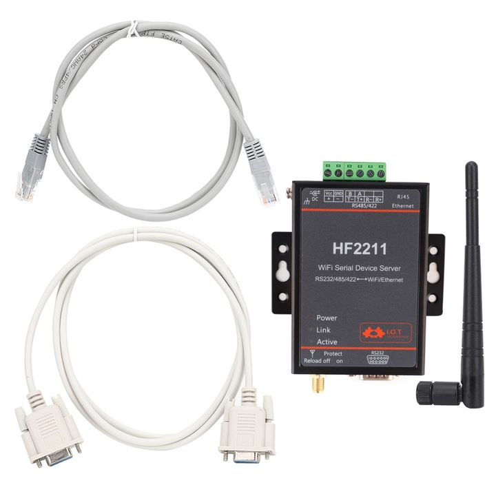 Сериен сървър HF-2211, Mmgoqqt, RS232/485/422 към Wi-Fi и Ethernet, 5-36VDC, 95x65x25mm
