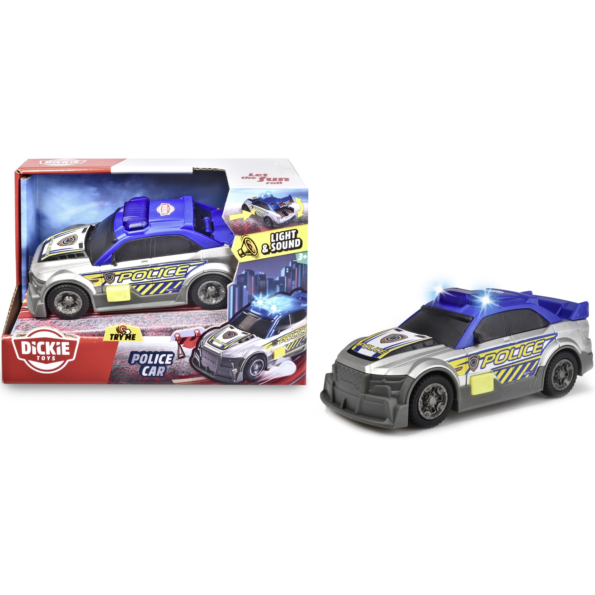Masinuta politie Dickie Toys, 15 cm, cu lumini si sunete