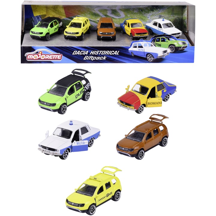 Set 5 masinute Majorette - Dacia Hirstorical Giftpack, scara 1:64