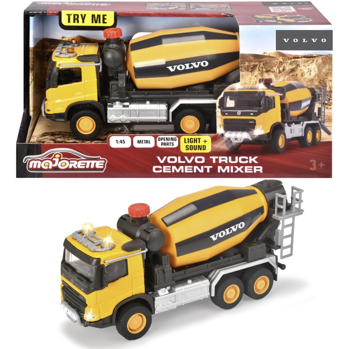 Бетонобъркачка Majorette - Volvo Truck Cement Mixer, 19 см, със светлини и звуци