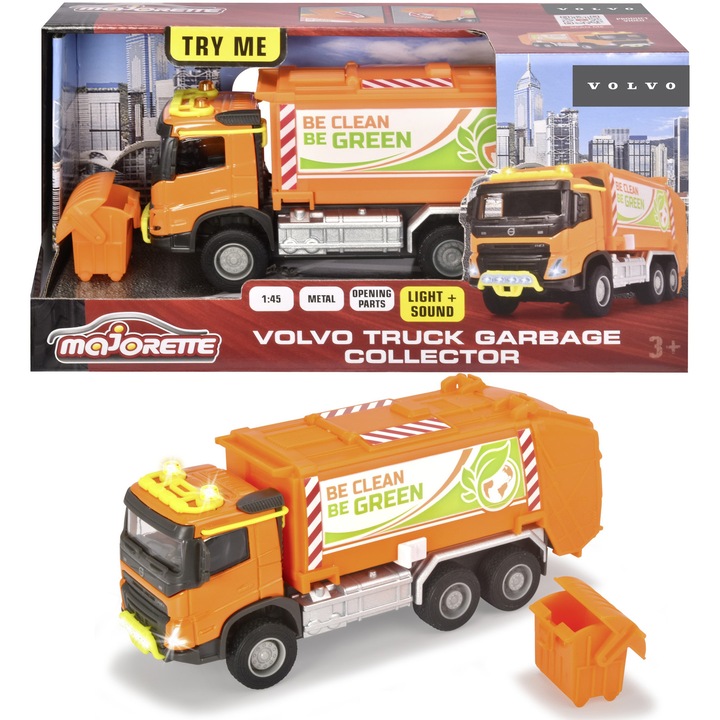 Камион за боклук Majorette - Volvo Truck Garbge Collector, 19 см, Със светлини и звуци