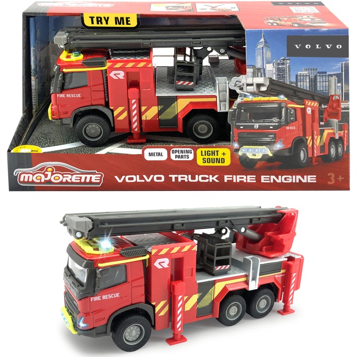 Мажоретна пожарна кола - Volvo Truck Fire Engine, мащаб 1:45, 19 см, със светлини и звук