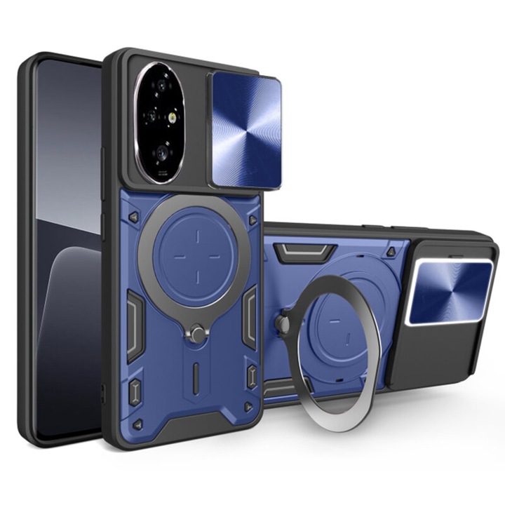 Защитен калъф, съвместим с Honor 200 Pro, CamGuard Pro, с пръстен на стойката, защита на камерата, подсилени ръбове, TPU, черно-синьо