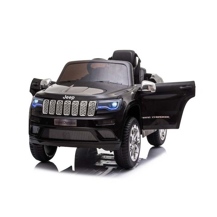 Masinuta electrica pentru copii Jeep Grand Cherokee 12V 2.4G Negru 2 motoare cu roti din cauciuc, scaun din piele, telecomanda